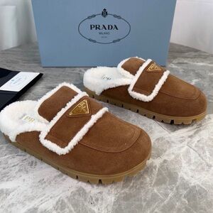 Prada Tan Suede Slippers with White Trim